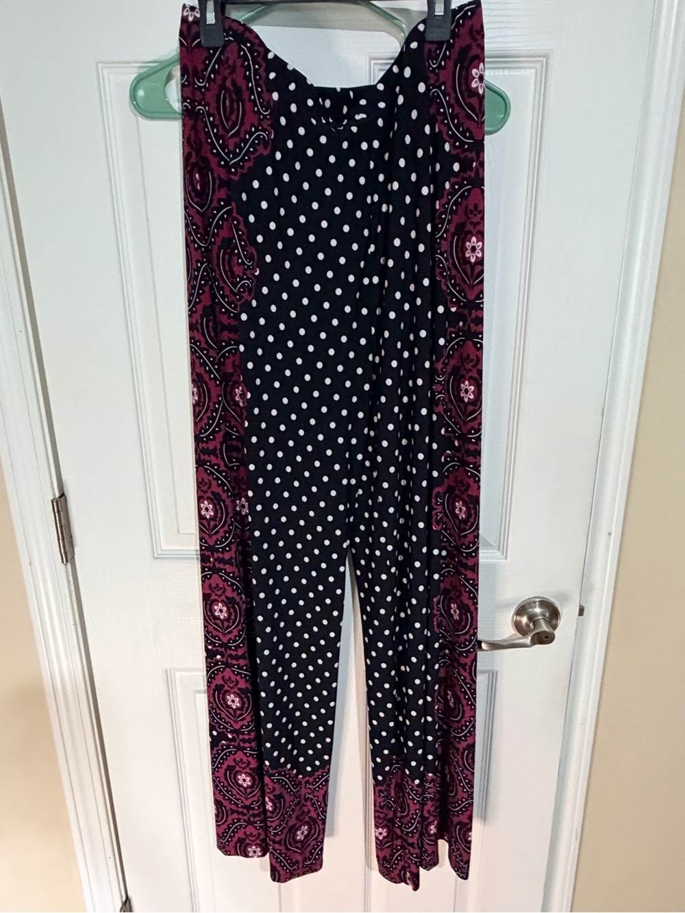 Polka Dot Wide Leg Pants with Magenta Paisley Trim